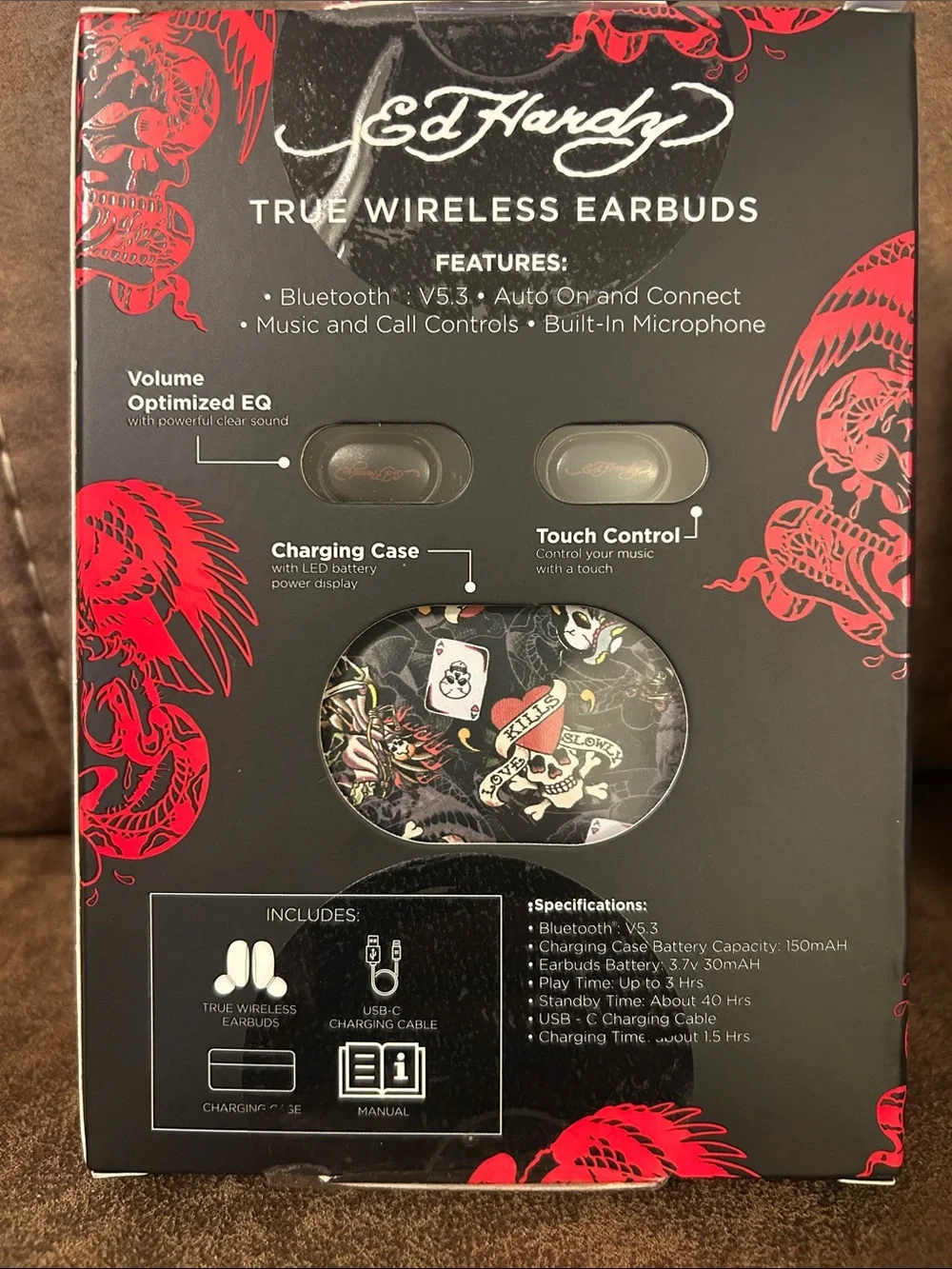 Ed Hardy True Wireless Earbuds - Black with Multicolor Design & Men Wallet